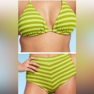 Bikini Set- LimeStriped Ribbed Green Triangle Bikini Top=S. +Boy Short Bottom=XS